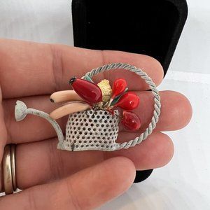 Vintage Watering Can with Flowers Painted Brooch